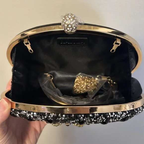 NEW Ramla Bejeweled Crystal Evening Bag Black Gold Chain Strap Top Handle Prom - Picture 9 of 11
